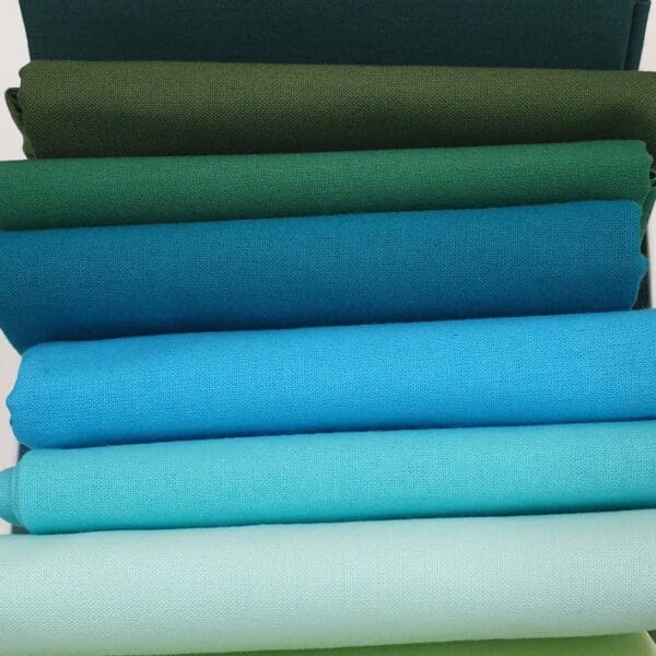 Solid Blue Green Bundle plain fabric. 9 Fat Quarters incl Dark Green, Denim, Aqua, Blue, Mint