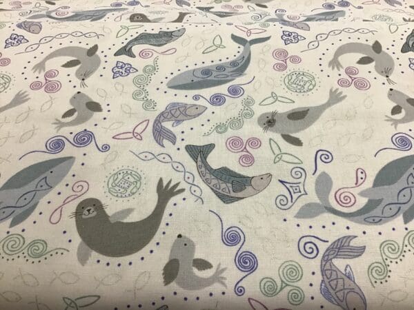 Iona North Seas A4791 seals and whales on grey fabric by Lewis & Irene