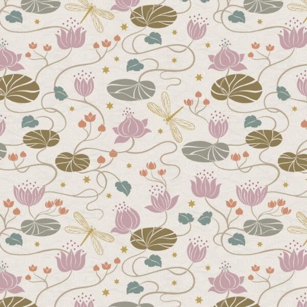 Jardin de Lis A4861 Lilies on cream with gold dragonflies by Lewis and Irene fabrics
