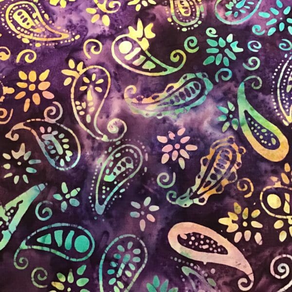 Batik Paisley2 Yellow Blue Lilac on Purple fabric