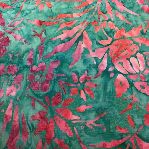 Batik Flowers 15190  Pink Red on Teal fabric