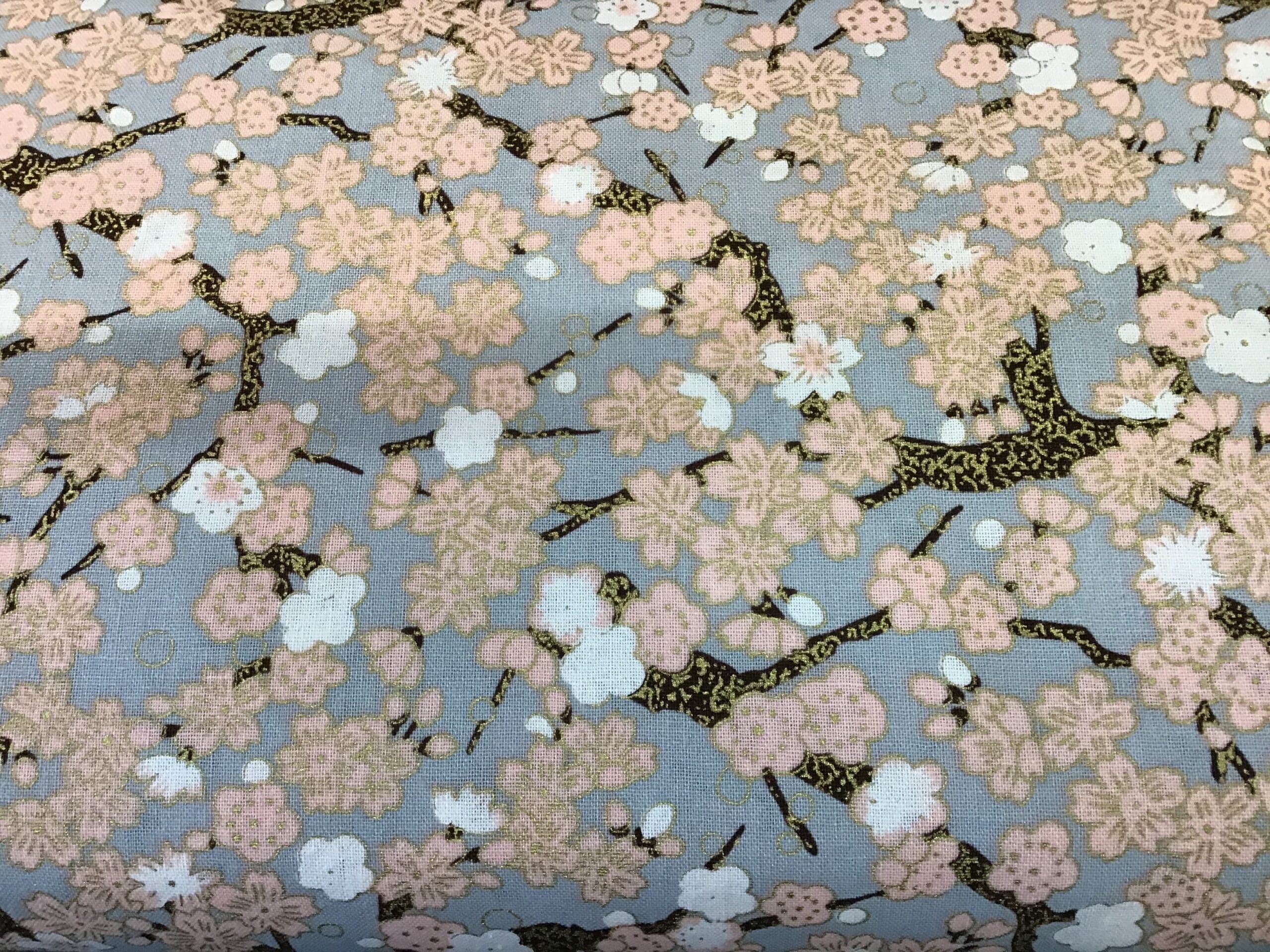 Cherry Blossom PO2643 pink on grey fabric. 54” wide Quilters Den
