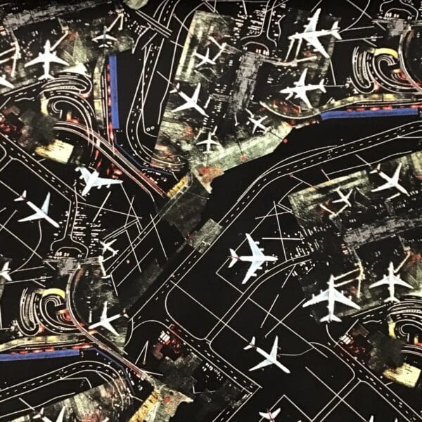 Cotton Canvas PO9433 Airplanes & Airport on black fabric. 54” wide