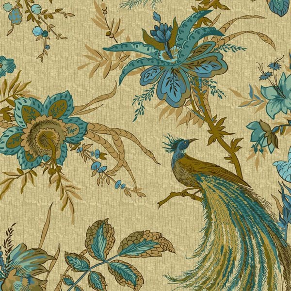 Windermere Rochester 9124B Blue Peacock on Tan fabric by Di Ford Hall