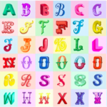 Jennie’s Alphabet JM4  Multi Letters PANEL on white by Jennie Maizels for Lewis and Irene fabrics. 18″ x 44″ panel – each letter is 2.75″ square