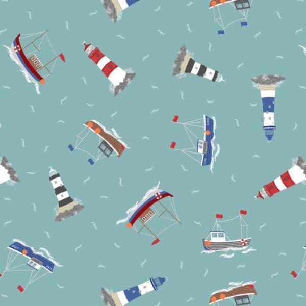 Small Things Coastal SM59.3 Boats & Lighthouses on Sea Green fabric by Lewis & Irene