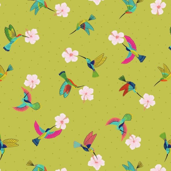 Hibiscus Hummingbird A597.2 Scattered hummingbirds on tropical green fabric by Lewis and Irene