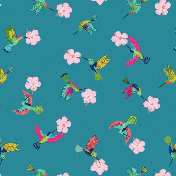 Hibiscus Hummingbird A597.3 Scattered hummingbirds on tropical blue fabric by Lewis and Irene
