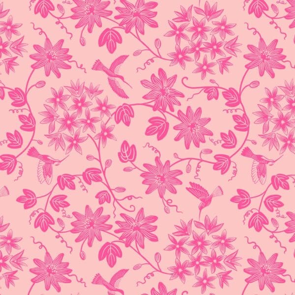 Hibiscus Hummingbird A595.2 pink birds and flowers on pink background fabric by Lewis and Irene