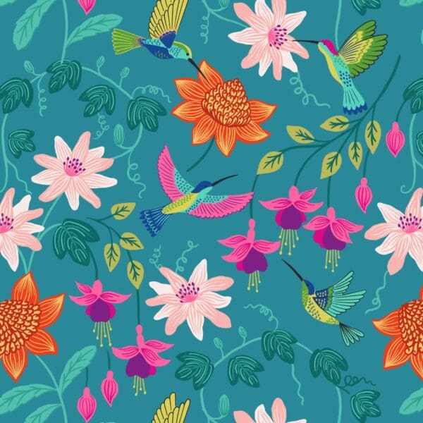 Hibiscus Hummingbird A593.2 Hummingbird large floral on tropical blue fabric by Lewis and Irene