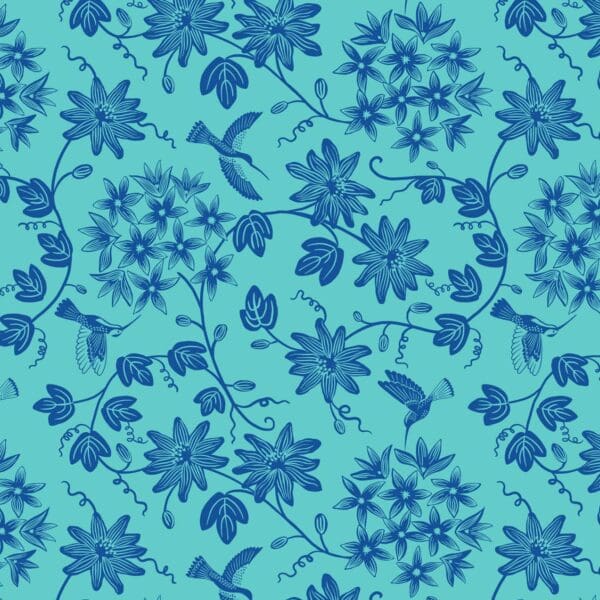 Hibiscus Hummingbird A595.3 blue birds and flowers on turquoise background fabric by Lewis and Irene