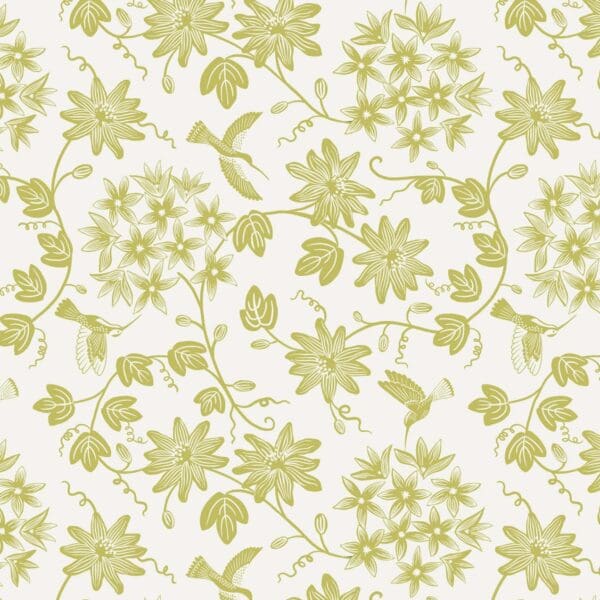 Hibiscus Hummingbird A594.3 green birds and flowers on cream background fabric by Lewis and Irene