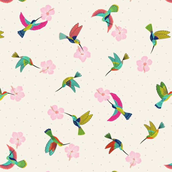 Hibiscus Hummingbird A597.1 Scattered hummingbirds on cream fabric by Lewis and Irene