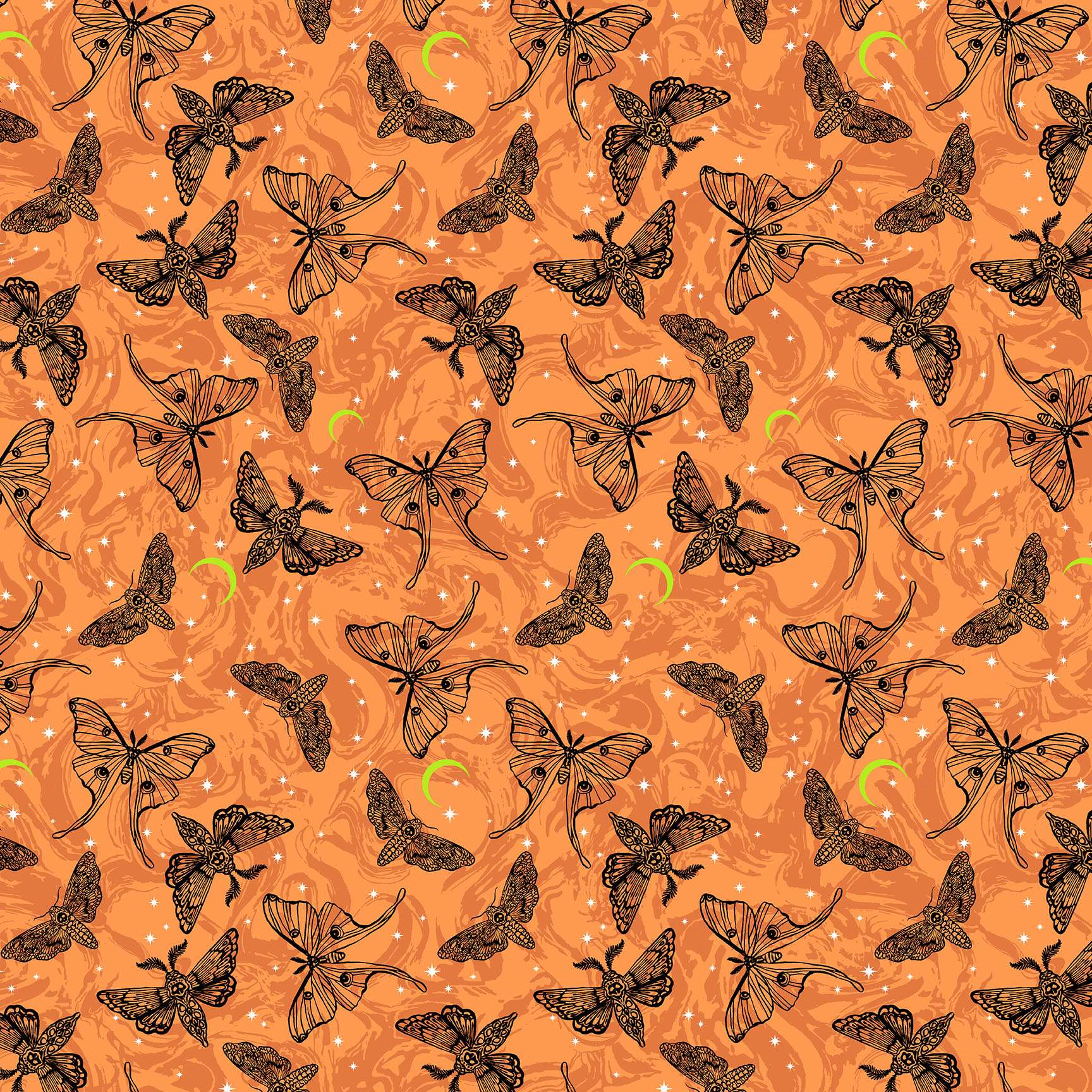 Phantasm 1516O Mystic Moths – Flame – Andover/Makower orange background black moths Phantasm 1516O Mystic Moths - Flame - Andover/Makower orange background black moths