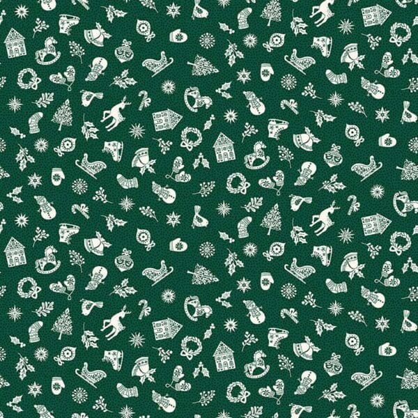 Scandi Charms - 113G Birds, Snowmen and Sleighs on green background - Andover/Makower