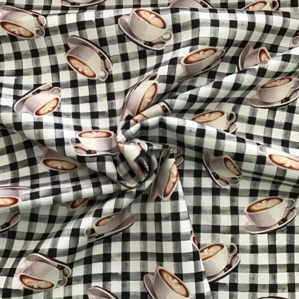 Caffeine Toss 23747 teacups on black and white gingham by 3 Wishes