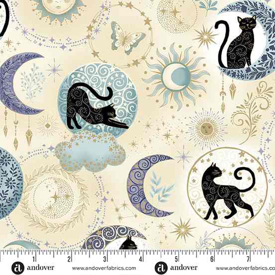 Charmed Twilight MU196Q  cream by Makower cats in circles on cream background