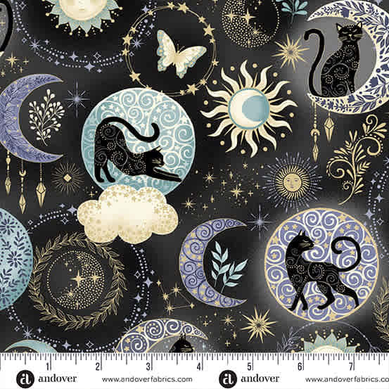 Charmed Twilight MU196X  black by Makower cats in circles on black background