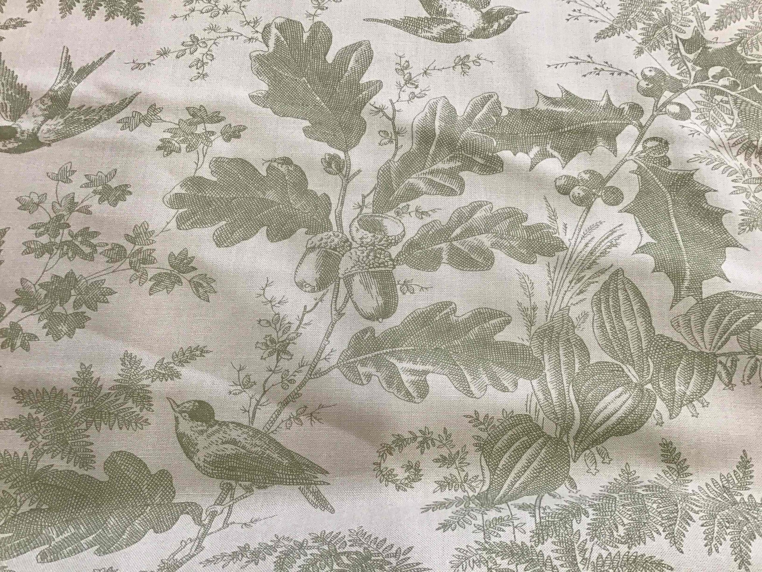 Vermont 10285N3 Lichen fabric by Andover green on green birds, leaves, acorns Vermont 10285N3 Lichen fabric by Andover green on green birds, leaves, acorns