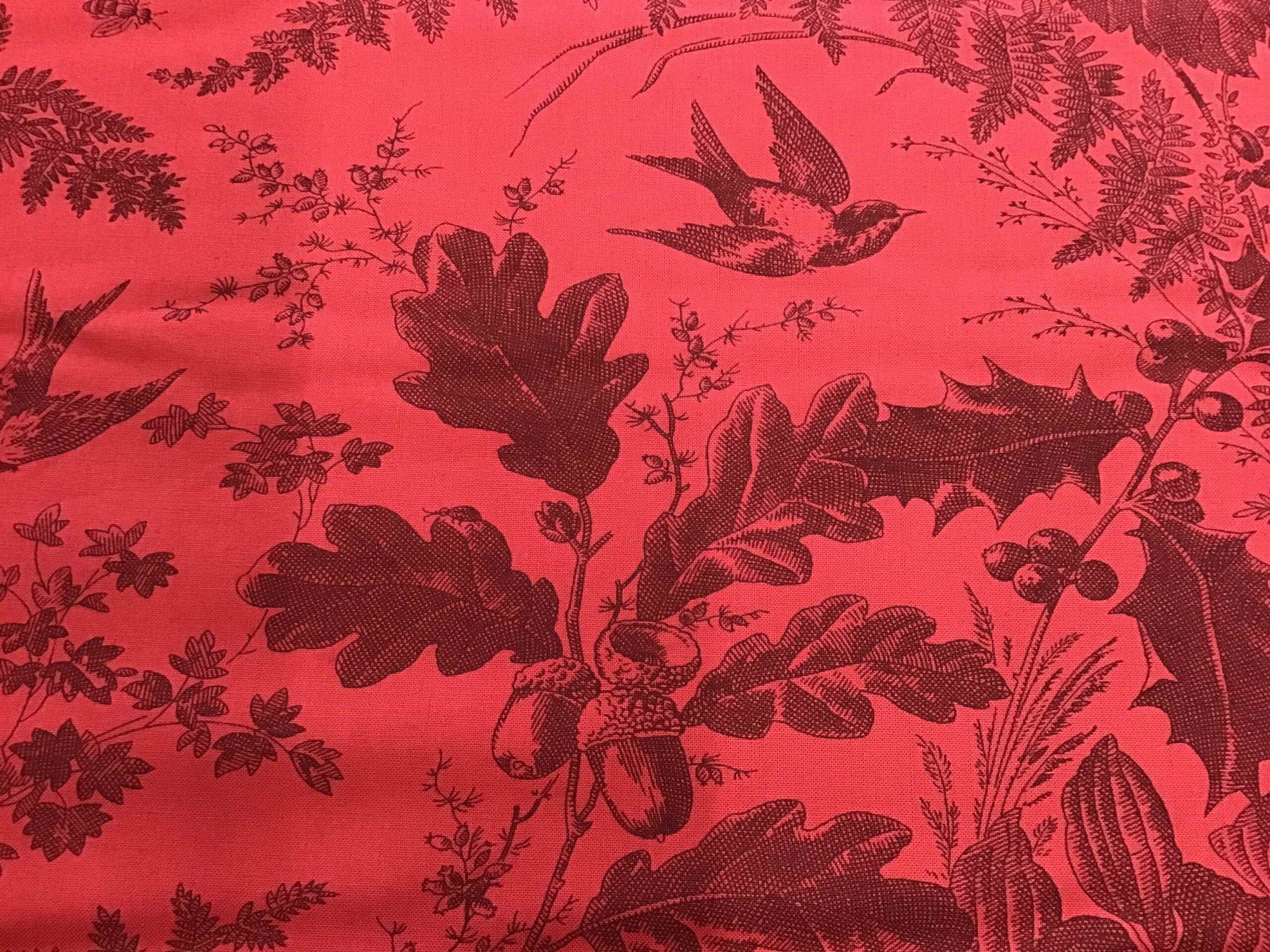 Vermont 10285R2 Ruby fabric by Andover black on red birds, leaves, acorns Vermont 10285R2 Ruby fabric by Andover black on red birds, leaves, acorns