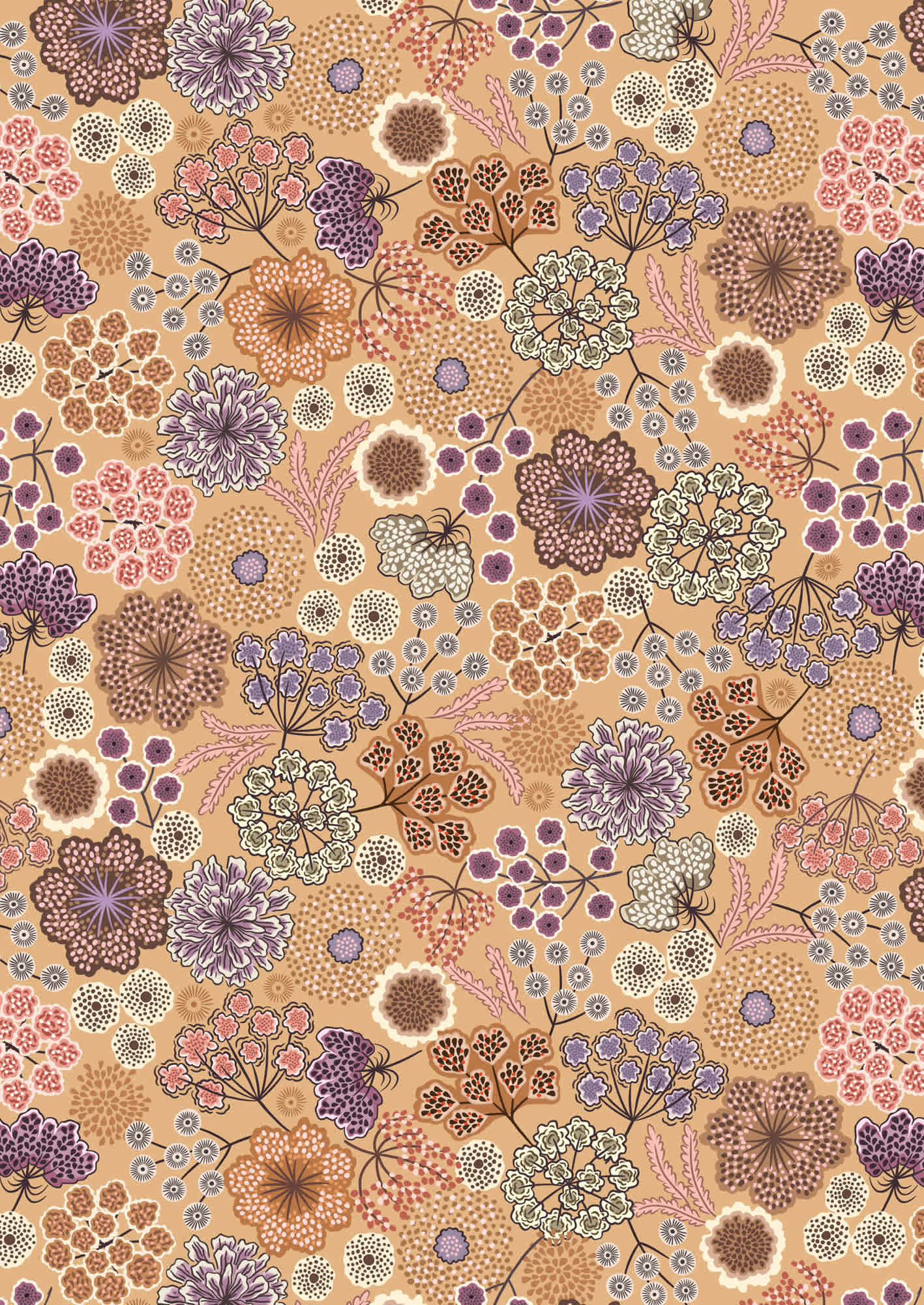 Jardin D’Automne A926B large autumn floral on warm tan by Lewis and Irene Jardin D’Automne A926B large autumn floral on warm tan by Lewis and Irene