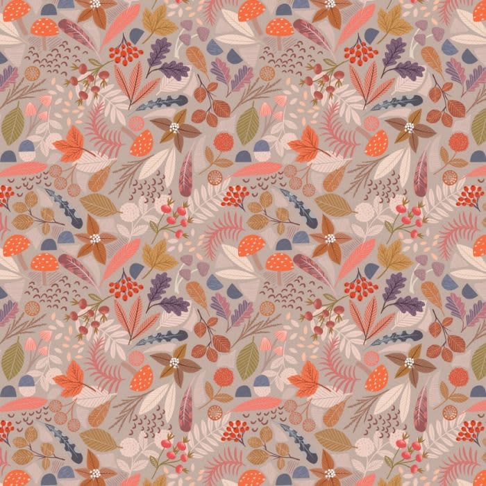 Nature treasures A849.2 on mushroom fabric by Lewis and Irene Nature treasures A849.2 on mushroom fabric by Lewis and Irene