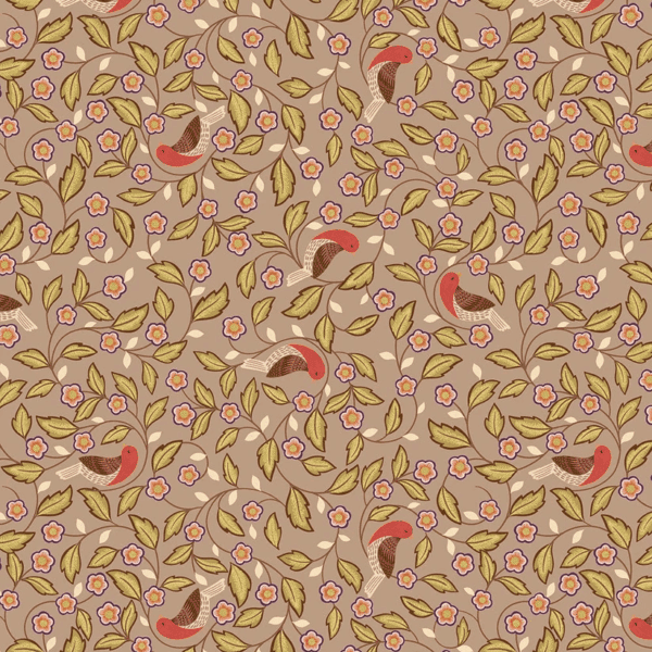 Isabella A855.1 arts & crafts birds on dark taupe floral fabric by Lewis and Irene Isabella A855.1 arts & crafts birds on dark taupe floral fabric by Lewis and Irene