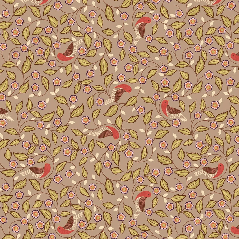 Isabella A855.1 arts & crafts birds on dark taupe floral fabric by Lewis and Irene Isabella A855.1 arts & crafts birds on dark taupe floral fabric by Lewis and Irene