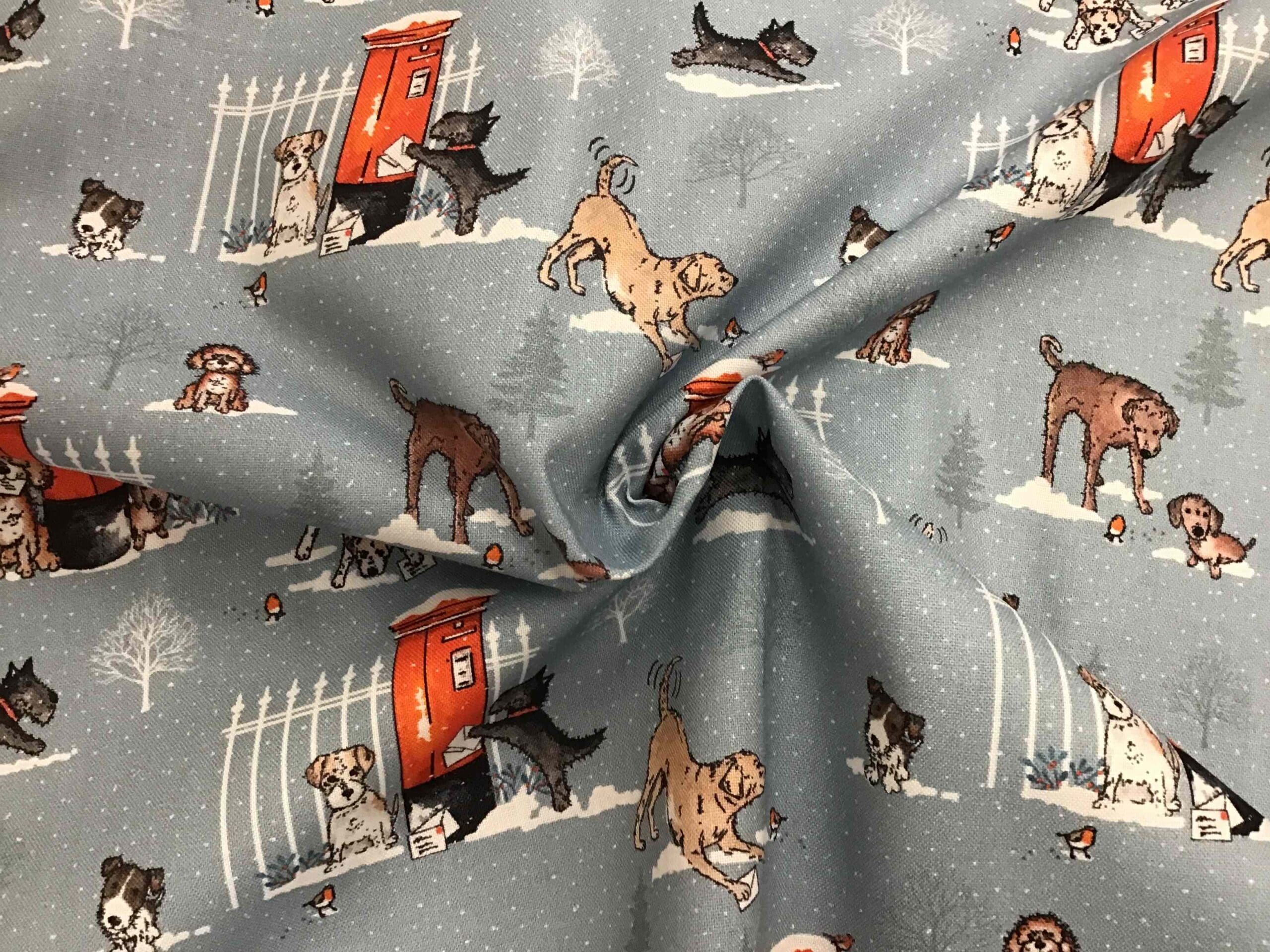 Winter Moon 80970 Dog Post on blue by Nutex fabrics Winter Moon 80970 Dog Post on blue by Nutex fabrics